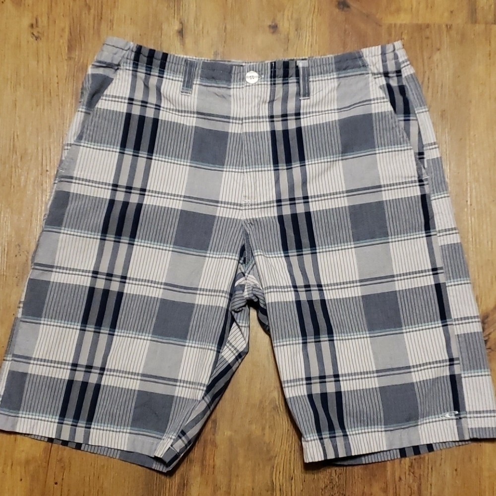 O'Neill blue & grey plaid flat front board shorts
